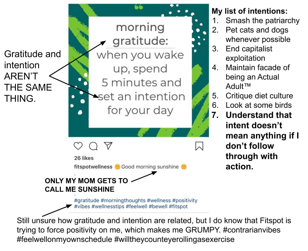 The image shows a screenshot of an Instagram post by Fitspot (fitspotwellness). The post has a green background with dots and scribbles. A white text box says, “morning gratitude: when you wake up, spend 5 minutes and set an intention for your day.” The post has 26 likes. The caption is framed by two smiling emojis and reads, “Good morning sunshine” and it has the hashtags, “#gratitude #morningthoughts #wellness #positivity #vibes #wellnesstips #feelwell #bewell #fitspot.” I have added text to the image. A text box reads, “Gratitude and intention AREN’T THE SAME THING.” To the left of the image, I have added text that reads, “My list of intentions: 1. Smash the patriarchy 2. Pet cats and dogs whenever possible 3. End capitalist exploitation 4. Maintain facade of being an Actual AdultTM 5. Critique diet culture 6. Look at some birds 7. Understand that intent doesn’t mean anything if I don’t follow through with action.” Below the image caption I have written, “ONLY MY MOM GETS TO CALL ME SUNSHINE.” Below the hashtags I have written, “Still unsure how gratitude and intention are related, but I do know that Fitspot is trying to force positivity on me, which makes me GRUMPY. #contrarianvibes #feelwellonmyownschedule #willtheycounteyerollingasexercise.”