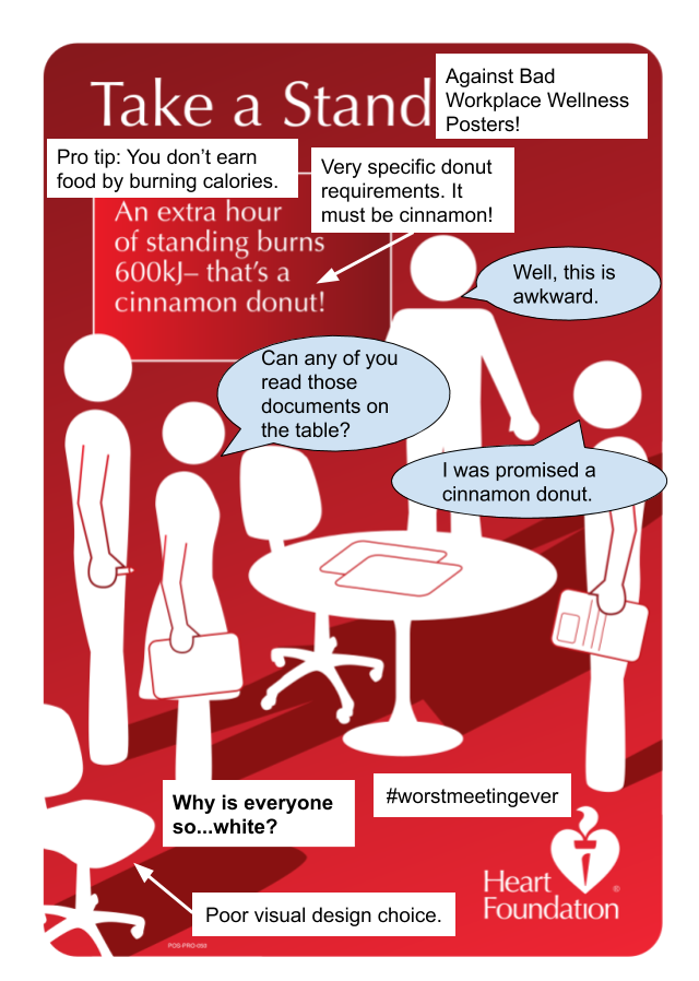 The image is a poster with a red background. The title reads "Take a Stand" and shows a bunch of white cutout figures standing around a table. One of the figures wears a dress. A textbox reads, "An extra hour of standing burns 600kj⁠—that's a cinnamon donut!" I have added text boxes and speech bubbles to the image. The first text box appears after the title, so that it now reads, "Take a Stand Against Bad Workplace Wellness Posters!" Around the box talking about kilojoules and donuts, I have added text boxes that read, "Pro tip: You don't earn food by burning calories" and "Very specific donut requirements. It must be cinnamon!" I have given three of the four cut-out people speech bubbles. One reads, "Well, this is awkward." Another reads, "Can any of you read those documents on the table?" and the third reads, "I was promised a cinnamon donut." Two additional text boxes read, "Why is everyone so...white?" and "#worstmeetingever." A final textbox points at a white cut-out chair that is on the lower left of the image and reads, "Poor visual design choice."