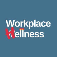 The image has a blue background with the words 'Workplace Wellness' written in a sans serif white font. The letter 'H' has been superimposed over the 'W' in 'Wellness, turning the word into 'Hellness.'